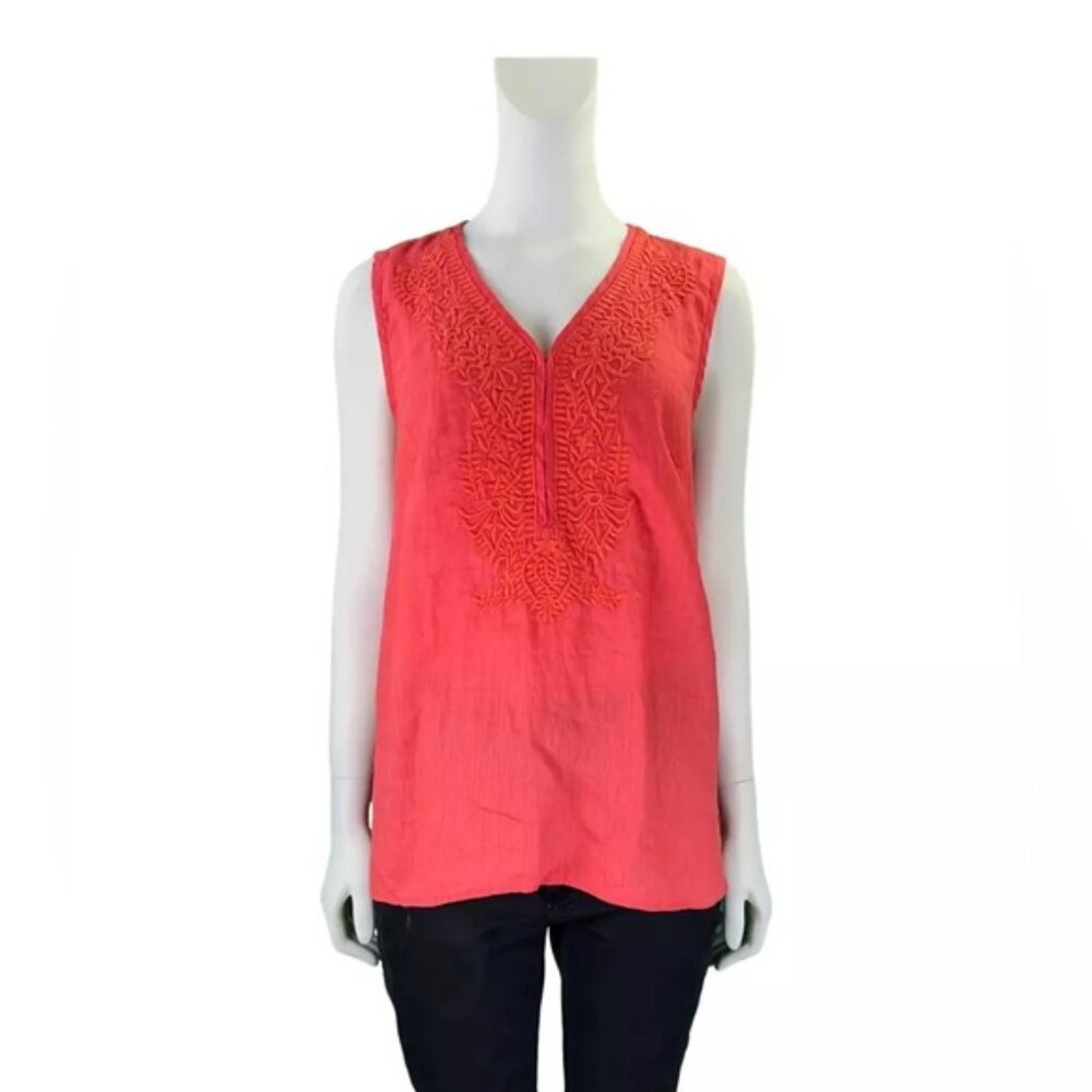 NWT Elie Tahari 100% LINEN‎ Sleeveless V-neck Red Embroidered Blouse Size S/P